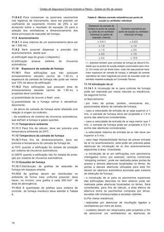 Código de Segurança Contra Incêndio e Pânico - Estado do Rio de Janeiro
14
11.8.4.2 Para compensar os possíveis vazamentos
nos registros de trancamento, deve ser previsto um
coeficiente de vazamento mínimo de 25% a ser
acrescido sobre o resultado da equação (5) para a
seleção dos ventiladores e dimensionamento dos
dutos principais de exaustão de fumaça.
11.9 Acantonamento
11.9.1 A área máxima de um acantonamento deve ser
de 1.500 m2.
11.9.2 Será possível dispensar a previsão dos
acantonamentos, desde que:
a) edificação seja do grupo J (depósito);
b) edificação possua sistema de chuveiros
automáticos.
11.10 Espessura da camada de fumaça
11.10.1 Para edificações que não possuam
armazenamento elevado (acima de 1,50 m), a
espessura da camada de fumaça não pode ser menor
que 15% da altura da edificação.
11.10.2 Para edificações que possuam área de
armazenamento elevada (acima de 1,50 m), o
projetista deve considerar:
a) possibilidade de ocorrer o flash over;
b) possibilidade de a fumaça esfriar e estratificar,
decorrente:
 da altura da camada de fumaça estar afastada com
relação à origem do incêndio;
 da existência de sistema de chuveiros automáticos,
que esfriam a fumaça e gases quentes.
11.11 Temperatura ambiente
11.11.1 Para fins de cálculo, deve ser prevista uma
temperatura ambiente de 24ºC.
11.12 Temperatura da camada de fumaça
11.12.1 Para fins de dimensionamento, deve ser
prevista a temperatura da camada de fumaça de:
a) 70ºC quando a edificação for dotada de proteção
por sistema de chuveiros automáticos;
b) 300ºC quando a edificação não for dotada de prote-
ção por sistema de chuveiros automáticos.
11.13 Exaustão de fumaça
11.13.1 Distribuição de grelhas de exaustão de
fumaça em espaços amplos:
11.13.2 As grelhas devem ser distribuídas no
ambiente de forma mais uniforme possível; deve
haver, no mínimo, uma grelha a cada 300 mm² de
área de abrangência.
11.13.3 A quantidade de grelhas para sistema de
controle de fumaça mecânico deve atender à Tabela
6.
Tabela 6 - Máxima corrente volumétrica por ponto de
sucção ou ventilador individual
(1) Aplicável também para camadas de fumaça de altura<0,5m,
desde que os pontos de sucção estejam posicionados para cima
(2) Em locais com pé direito baixo, onde não seja possível haver
maior espessura de camada de fumaça, a utilização de corrente
volumétrica de maior magnitude por ponto de exaustão pode ser
admitida mediante avaliação em Comissão Técnica.
11.14 Introdução do ar
11.14.1 A introdução de ar para controle de fumaça
pode ser realizada por meios naturais ou mecânicos,
da seguinte forma:
a) Naturalmente:
- por meio de portas, janelas, venezianas etc.,
posicionadas abaixo da camada de fumaça;
- caso a velocidade de entrada de ar seja superior a 1
m/s, a camada de fumaça deve ser projetada a 1,5 m
acima das aberturas consideradas;
- caso a velocidade de entrada de ar seja menor que 1
m/s, a camada de fumaça pode ser projetada a 0,5 m
acima das aberturas consideradas;
- a velocidade máxima de entrada de ar não deve ser
superior a 5 m/s;
- caso haja impossibilidade técnica de prever entrada
de ar no acantonamento, esta pode ser prevista pelas
aberturas de introdução de ar dos acantonamentos
adjacentes à área incendiada;
- a introdução de ar em edificações com pavimentos
interligados como, por exemplo, centros comerciais
“shopping centers”, pode ser realizada pelas portas de
acesso e demais aberturas localizadas no térreo. As
portas e demais aberturas utilizadas para este fim
devem ter abertura automática acionada pelo sistema
de detecção de fumaça;
- a introdução de ar para os pavimentos superiores
das edificações descritas no item anterior pode ser
realizada pelas aberturas localizadas no térreo. Será
considerada, para fins de cálculo, a área efetiva de
abertura entre os pavimentos composta por átrios,
escadas não enclausuradas e escadas rolantes.
b) Por meios mecânicos:
- realizadas por aberturas de insuflação ligadas a
ventiladores por meio de dutos;
- cuidados devem ser observados pelo projetista a fim
de posicionar (os ventiladores) as aberturas de
 