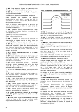 Código de Segurança Contra Incêndio e Pânico - Estado do Rio de Janeiro
18
13.12.2 Esses espaços devem ser separados dos
átrios por meio de barreiras de fumaça fixas.
13.12.3 Genericamente, as circulações horizontais
adjacentes ao átrio devem:
a) ter extração de fumaça por sistemas mecânicos;
b) ser dotadas de barreiras de fumaça
perpendiculares com altura mínima de 0,5 m,
espaçadas, no máximo, a cada 30 m, formando áreas
de acomodação de fumaça;
c) ter, no mínimo, duas aberturas de extração de
fumaça posicionadas no teto em cada área de
acomodação de fumaça.
13.12.4 A distância máxima, medida segundo o eixo
da circulação, entre duas aberturas consecutivas de
extração deve ser de:
a) 10 m nos percursos em linha reta;
b) 7 m nos outros percursos.
13.12.5 As aberturas de introdução de ar devem ser
posicionadas na metade inferior da altura média do
teto ou telhado, abaixo da zona enfumaçada.
13.12.6 Outros mecanismos de introdução de ar
podem ser utilizados, desde que seja comprovado
pelo projetista que atendem ao especificado no item
anterior e que não irão causar turbilhonamento na
camada de fumaça.
13.13 Os demais espaços adjacentes ao átrio são
classificados em:
13.13.1 Locais fechados com acesso à circulação por
meio de uma porta, e separados do átrio por uma
circulação horizontal aberta (ex.: escritórios,
consultórios, quartos etc.).
13.13.2 Locais diretamente abertos à circulação
horizontal, porém separados do átrio por esta
circulação (ex.: lojas comerciais, galerias de
exposição, restaurantes etc.).
13.13.3 Locais diretamente abertos sob o átrio (Figura
17).
13.13.4 Locais fechados com acesso à circulação por
meio de uma porta e separados do átrio por uma
circulação horizontal aberta.
13.13.4.1 Esses locais devem ter controle de fumaça
específico de acordo com esta NT, atendendo aos
itens seguintes.
13.13.4.2 Devem possuir extração de fumaça na
circulação horizontal (ex.: malls) com uma vazão de 4
m³/s para cada área de acomodação de fumaça).
13.13.4.3 Devem possuir velocidade máxima nas
aberturas de introdução de ar de 5 m/s.
13.14 Locais diretamente abertos à circulação
horizontal, porém separados do átrio por esta
circulação
13.14.1 Caso esses locais tenham área de construção
inferior ou igual a 300 m² por unidade, estão
dispensados do sistema de controle de fumaça
Figura 17: Exemplo de locais diretamente abertos sob o átrio
13.14.2 Deve-se prever o controle de fumaça das
circulações horizontais, com uma vazão de 8 m³/s por
cada área de acomodação de fumaça.
13.14.3 A velocidade máxima nas aberturas de
introdução de ar da circulação horizontal deve ser 5
m/s;
13.14.4 Caso esses locais tenham área superior a 300
m² por unidade, devem:
a) ter controle de fumaça específico de acordo com a
esta NT;
b) ter extração de fumaça na circulação horizontal,
com uma vazão de 4 m³/s para cada área de
acomodação de fumaça;
c)ter uma velocidade máxima nas aberturas de
introdução de ar da circulação horizontal de 5 m/s.
13.14.5 Locais diretamente abertos sob o átrio:
a) esses locais devem ser divididos em áreas de
acantonamento de, no máximo, 1.500 m²;
b) o controle de fumaça dessas áreas deve ser
mecânico, posicionado junto ao teto, com uma vazão
de 1 m³/s para cada 100 m² de área de
acantonamento, com uma vazão mínima de 10,00 m³/s
para cada acantonamento;
c)a entrada de ar para esses ambientes, seja natural
ou mecânica, deve permitir uma velocidade máxima
de 5 m/s;
13.15 Átrios não padronizados
13.15.1 Três alternativas diferentes podem ser
utilizadas para o dimensionamento do controle de
fumaça:
a) modelos dimensionados por programas
(computador) usando ambos, teoria e valores
empiricamente derivados para estimar as condições
no espaço.
b) álgebra, que são equações fechadas derivadas
primariamente da correlação de resultado
experimental de grande e pequena escala;
c) modelo em escala que utiliza escala física reduzida,
seguindo regras estabelecidas, no qual testes em
pequena escala são conduzidos para determinar os
requisitos e necessidades do sistema de controle de
fumaça a ser projetado;
 
