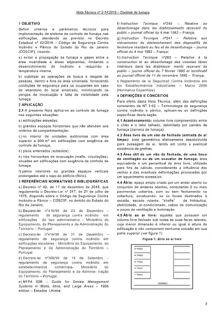 Nota Técnica nº 2-14:2019 – Controle de fumaça
3
1 OBJETIVO
Definir critérios e parâmetros técnicos para
implementação de sistema de controle de fumaça nas
edificações, atendendo ao previsto no Decreto
Estadual nº 42/2018 – Código de Segurança Contra
Incêndio e Pânico do Estado do Rio de Janeiro
(COSCIP), visando:
a) evitar a propagação da fumaça e gases entre a
área incendiada e áreas adjacentes, limitando o
desenvolvimento do incêndio e reduzindo a
temperatura interna;
b) viabilizar as operações de busca e resgate de
pessoas, dentro e fora da área sinistrada, fornecendo
condições de segurança para os ocupantes em caso
de abandono do local sinistrado, minimizando os
perigos da intoxicação e falta de visibilidade pela
fumaça.
2 APLICAÇÃO
2.1 A presente Nota aplica-se ao controle de fumaça
nas seguintes situações:
a) edificações elevadas;
b) grandes espaços horizontais que não atendam aos
critérios de compartimentação;
c) no interior de unidades autônomas com área
superior a 900 m² em edificações com exigência de
controle de fumaça;
d) pisos enterrados (subsolos);
e) vias horizontais de evacuação (malls, circulações),
situadas em edificações com exigência de controle de
fumaça;
f) pátios interiores ou grandes espaços verticais
prolongados até o topo do edifício (Átrio).
3 REFERÊNCIAS NORMATIVAS E BIBLIOGRÁFICAS
a) Decreto nº 42, de 17 de dezembro de 2018, que
regulamenta o Decreto-Lei nº 247, de 21 de julho de
1975, dispondo sobre o Código de Segurança Contra
Incêndio e Pânico – COSCIP, no âmbito do Estado do
Rio de Janeiro;
b) Decreto-lei nº410/98 de 23 de Dezembro -
regulamento de segurança contra incêndio em
edificações do tipo administrativo - Ministério do
Equipamento, do Planejamento e da Administração do
Território – Portugal;
c) Decreto-lei nº414/98 de 31 de Dezembro -
regulamento de segurança contra incêndio em
edificações escolares - Ministério do Equipamento, do
Planejamento e da Administração do Território –
Portugal;
d) Decreto-lei nº368/99 de 18 de Setembro -
regulamento de segurança contra incêndio em
estabelecimentos comerciais- Ministério do
Equipamento, do Planejamento e da Adminis- tração
do Território – Portugal;
e) NFPA 92B – Guide for Smoke Management
Systems in Malls, Atria, and Large Areas – 1995
edition – Estados Unidos;
f) Instruction Tecnique nº246 – Relative au
désenfumage dans les établissements recevant du
public – journal officiel du 4 mai 1982 – França;
g) Instruction Tecnique nº247 – Relative aux
mécanismes de déclenchement des dispositifis de
fermeture résistant au feu et de désenfumage – journa
officiel du 4 mai 1982 – França;
h) Instruction Tecnique nº263 – Relative à la
construction et au désenfumage des volumes libres
intérieurs dans les établissse- ments recevant du
public – journa officiel du 7 février 1995 et rectificatif
au journal officiel de 11 de novembre 1995 – França;
i) Reglamento de la Seguridad Contra Incêndios em
los Establecimentos Industriales – Marzo 2006
(Normativa Espanhola).
4 DEFINIÇÕES E CONCEITOS
Para efeito desta Nota Técnica, além das definições
constantes da NT 1-02 – Terminologia de segurança
contra incêndio e pânico, aplicam-se as definições
específicas desta seção.
4.1 Acantonamento: volume livre compreendido entre
o chão e o teto/ telhado, delimitado por painéis de
fumaça (barreira de fumaça).
4.2 Área livre de um vão de fachada (entrada de ar
limpo): área geométrica efetivamente desobstruída
para passagem de ar, tendo em conta a eventual
existência de grelhas.
4.3 Área útil de um vão de fachada, de uma boca
de ventilação ou de um exaustor de fumaça: área
equivalente a um percentual de área livre, utilizada
para fins de cálculo, considerando a influência dos
ventos e das eventuais deformações provocadas por
um aquecimento excessivo.
4.4 Átrio: epaço amplo criado por um andar aberto ou
conjuntos de andares abertos, conectando 2 ou mais
pavimentos cobertos, com ou sem fechamento na
cobertura, excetuando- se os locais destinados à
escada, escada rolante, “shafts” de hidráulica,
eletricidade, ar-condicionado, cabos de comunicação
e poços de ventilação e iluminação.
4.5 Átrio ao ar livre: aqueles que possuem um
volume livre fechado sob todas as suas faces laterais,
cuja menor dimensão é inferior ou igual à altura da
edificação e não comportam nenhuma oclusão em sua
parte superior (ver figura 1)
Figura 1: átrio ao ar livre
 