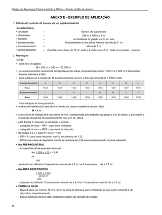 Código de Segurança Contra Incêndio e Pânico - Estado do Rio de Janeiro
36
ANEXO E - EXEMPLO DE APLICAÇÃO
1. Cálculo do controle de fumaça de um galpãoindustrial
Características
• atividade – fábrica de automóveis
• dimensões – 250 m x 100 m x 9 m
• tetofalso – na totalidade do galpão a 8 m do solo
• pontesrolantes – funcionamento a uma altura máxima do solo de 6 m
• armazenamento – altura de 5 m
• portas deacesso – 2 portões com áreas de 16 m2
cada e 4 portas com 2 m2
cada nas paredes maiores
2. Resolução
Geral:
• área total do galpão:
S = 250 m x 100 m = 25.000 m2
• os acantonamentos centrais de fumaça devem ter áreas compreendidas entre 1.000 m a 1.600 m2
e dimensões
lineares inferiores a 60m.
• pode adaptar-se a criação de 16 acantonamentos comum a área aproximada de 1.550m2
cada.
Para extração de fumaçanatural
• a altura de referência H será de 8 m, tendo em conta a existência de teto falso.
H = 8 m.
• a zona livre de fumaça terá uma altura de 6 m, condicionada pelo trabalho das gruas a 6 m de altura, o que impõe a
instalação de painéis de acantonamento com 2 m de altura.
• pela Tabela 7, baseado na atividade exercida:
- categoria de risco – RF2 – para área industrial.
- categoria de risco – RE3 – para área de depósito.
• da Tabela 8 e 11, para H = 8 e H’ = 6m.
- GR = 3 – para área industrial, com % de abertura de 1,22.
- GR=6–para área de depósitos, com% de abertura de 2,58 para acantonamento da área industrial.
• NA ÁREAINDUSTRIAL
- A superfície útil de exaustão deve ser
de: 1.550 x 1,22 = 18,91
m2
100
-podendo ser utilizados 6 exaustores naturais de ± 3 m2
ou 8 exaustores de ± 2,5 m2
.
• NA ÁREA DEDEPÓSITOS
1.550 x 2,58=
39,99 m2
100
- podendo ser utilizado 10 exaustores naturais de ± 4 m2
ou 14 exaustores naturais de ± 3,5 m2
.
• ENTRADA DEAR
- Deverá haver no mínimo 19 m2
e 40 m2
de área de abertura para entrada de ar para parte industrial e de
depósitos, respectivamente;
- Essas aberturas devem estar localizadas abaixo da camada de fumaça.
 