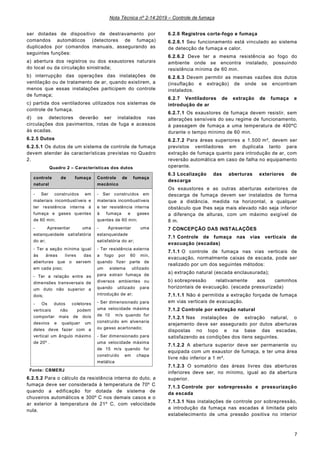 Nota Técnica nº 2-14:2019 – Controle de fumaça
7
ser dotadas de dispositivo de destravamento por
comandos automáticos (detectores de fumaça)
duplicados por comandos manuais, assegurando as
seguintes funções:
a) abertura dos registros ou dos exaustores naturais
do local ou da circulação sinistrada;
b) interrupção das operações das instalações de
ventilação ou de tratamento de ar, quando existirem, a
menos que essas instalações participem do controle
de fumaça;
c) partida dos ventiladores utilizados nos sistemas de
controle de fumaça.
d) os detectores deverão ser instalados nas
circulações dos pavimentos, rotas de fuga e acessos
às ecadas.
6.2.5 Dutos
6.2.5.1 Os dutos de um sistema de controle de fumaça
devem atender às características previstas no Quadro
2.
Quadro 2 – Características dos dutos
controle de fumaça
natural
Controle de fumaça
mecânico
- Ser construídos em
materiais incombustíveis e
ter resistência interna à
fumaça e gases quentes
de 60 min;
- Apresentar uma
estanqueidade satisfatória
do ar;
- Ter a seção mínima igual
às áreas livres das
aberturas que o servem
em cada piso;
- Ter a relação entre as
dimensões transversais de
um duto não superior a
dois;
- Os dutos coletores
verticais não podem
comportar mais de dois
desvios e qualquer um
deles deve fazer com a
vertical um ângulo máximo
de 20º .
- Ser construídos em
materiais incombustíveis
e ter resistência interna
à fumaça e gases
quentes de 60 min;
- Apresentar uma
estanqueidade
satisfatória do ar;
- Ter resistência externa
a fogo por 60 min,
quando fizer parte de
um sistema utilizado
para extrair fumaça de
diversos ambientes ou
quando utilizado para
introdução de ar;
- Ser dimensionado para
uma velocidade máxima
de 10 m/s quando for
construído em alvenaria
ou gesso acartonado;
- Ser dimensionado para
uma velocidade máxima
de 15 m/s quando for
construído em chapa
metálica
Fonte: CBMERJ
6.2.5.2 Para o cálculo da resistência interna do duto, a
fumaça deve ser considerada à temperatura de 70º C
quando a edificação for dotada de sistema de
chuveiros automáticos e 300º C nos demais casos e o
ar exterior à temperatura de 21º C, com velocidade
nula.
6.2.6 Registros corta-fogo e fumaça
6.2.6.1 Seu funcionamento está vinculado ao sistema
de detecção de fumaça e calor.
6.2.6.2 Deve ter a mesma resistência ao fogo do
ambiente onde se encontra instalado, possuindo
resistência mínima de 60 min.
6.2.6.3 Devem permitir as mesmas vazões dos dutos
(insuflação e extração) de onde se encontram
instalados.
6.2.7 Ventiladores de extração de fumaça e
introdução de ar
6.2.7.1 Os exaustores de fumaça devem resistir, sem
alterações sensíveis do seu regime de funcionamento,
à passagem de fumaça a uma temperatura de 400ºC
durante o tempo mínimo de 60 min.
6.2.7.2 Para áreas superiores a 1.500 m², devem ser
previstos ventiladores em duplicata tanto para
extração de fumaça quanto para introdução de ar, com
reversão automática em caso de falha no equipamento
operante.
6.3 Localização das aberturas exteriores de
descarga
Os exaustores e as outras aberturas exteriores de
descarga de fumaça devem ser instalados de forma
que a distância, medida na horizontal, a qualquer
obstáculo que lhes seja mais elevado não seja inferior
a diferença de alturas, com um máximo exigível de
8 m.
7 CONCEPÇÃO DAS INSTALAÇÕES
7.1 Controle de fumaça nas vias verticais de
evacuação (escadas)
7.1.1 O controle de fumaça nas vias verticais de
evacuação, normalmente caixas de escada, pode ser
realizado por um dos seguintes métodos:
a) extração natural (escada enclausurada);
b) sobrepressão relativamente aos caminhos
horizontais de evacuação. (escada pressurizada)
7.1.1.1 Não é permitida a extração forçada de fumaça
em vias verticais de evacuação.
7.1.2 Controle por extração natural
7.1.2.1 Nas instalações de extração natural, o
arejamento deve ser assegurado por dutos aberturas
dispostas no topo e na base das escadas,
satisfazendo as condições dos itens seguintes.
7.1.2.2 A abertura superior deve ser permanente ou
equipada com um exaustor de fumaça, e ter uma área
livre não inferior a 1 m².
7.1.2.3 O somatório das áreas livres das aberturas
inferiores deve ser, no mínimo, igual ao da abertura
superior.
7.1.3 Controle por sobrepressão e pressurização
da escada
7.1.3.1 Nas instalações de controle por sobrepressão,
a introdução da fumaça nas escadas é limitada pelo
estabelecimento de uma pressão positiva no interior
 