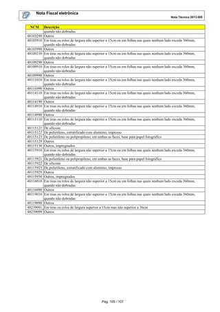 Nota Fiscal eletrônica
Nota Técnica 2013.005
Pág. 105 / 107
NCM Descrição
quando não dobradas
48103290 Outros
48103910 Em tiras ou rolos de largura não superior a 15cm ou em folhas nas quais nenhum lado exceda 360mm,
quando não dobradas
48103990 Outros
48109210 Em tiras ou rolos de largura não superior a 15cm ou em folhas nas quais nenhum lado exceda 360mm,
quando não dobradas
48109290 Outros
48109910 Em tiras ou rolos de largura não superior a 15cm ou em folhas nas quais nenhum lado exceda 360mm,
quando não dobradas
48109990 Outros
48111010 Em tiras ou rolos de largura não superior a 15cm ou em folhas nas quais nenhum lado exceda 360mm,
quando não dobradas
48111090 Outros
48114110 Em tiras ou rolos de largura não superior a 15cm ou em folhas nas quais nenhum lado exceda 360mm,
quando não dobradas
48114190 Outros
48114910 Em tiras ou rolos de largura não superior a 15cm ou em folhas nas quais nenhum lado exceda 360mm,
quando não dobradas
48114990 Outros
48115110 Em tiras ou rolos de largura não superior a 15cm ou em folhas nas quais nenhum lado exceda 360mm,
quando não dobradas
48115121 De silicone
48115122 De polietileno, estratificado com alumínio, impresso
48115123 De polietileno ou polipropileno, em ambas as faces, base para papel fotográfico
48115129 Outros
48115130 Outros, impregnados
48115910 Em tiras ou rolos de largura não superior a 15cm ou em folhas nas quais nenhum lado exceda 360mm,
quando não dobradas
48115921 De polietileno ou polipropileno, em ambas as faces, base para papel fotográfico
48115922 De silicone
48115923 De polietileno, estratificado com alumínio, impresso
48115929 Outros
48115930 Outros, impregnados
48116010 Em tiras ou rolos de largura não superior a 15cm ou em folhas nas quais nenhum lado exceda 360mm,
quando não dobradas
48116090 Outros
48119010 Em tiras ou rolos de largura não superior a 15cm ou em folhas nas quais nenhum lado exceda 360mm,
quando não dobradas
48119090 Outros
48239091 Em tiras ou rolos de largura superior a 15cm mas não superior a 36cm
48239099 Outros
 