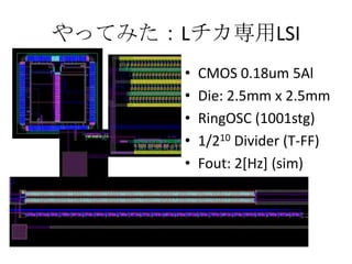 äƤߤLLSI
? CMOS 0.18um 5Al
? Die: 2.5mm x 2.5mm
? RingOSC (1001stg)
? 1/210 Divider (T-FF)
? Fout: 2[Hz] (sim)
 