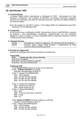 Nota Fiscal eletrônica
Nota Técnica 2013.005

08. Identificador: NVE
A. Contextualização
A Receita Federal definiu originalmente a codificação da "NVE - Nomenclatura de Valor
Aduaneiro e Estatística", com o objetivo de identificar a mercadoria submetida a despacho
aduaneiro de importação, para efeito de valoração aduaneira, e aprimorar os dados estatísticos
de comércio exterior.
Nota: Na posição de Julho/2013, existem 1.315 códigos NCM com detalhamento pelo NVE,
totalizando 5.414 codificações NVE.
B. Composição
A NVE tem por base a codificação do NCM - Nomenclatura Comum do MERCOSUL, acrescida
de atributos e suas especificações, identificados, respectivamente, por dois caracteres
alfabéticos e quatro numéricos. A mesma codificação NVE tem significado diferente, conforme
o NCM que está sendo detalhado.
C. Validação Possível
Campo
Composto por 2 letras e 4 algarismos, com tamanho total de 6 posições;
Tabela
Somente alguns códigos NCM possuem o detalhamento da NVE,
conforme tabela publicada pela RFB.
D. Exemplo de códigos NVE
Exemplo de codificação para Camisa de Malha de Uso Masculino:
Tabela NCM:
61.05
6105.10.00
6105.20.00
6105.90.00

Camisas de malha, de uso masculino.
- De algodão
- De fibras sintéticas ou artificiais
- De outras matérias têxteis

Codificação NVE:
23.28. Posição 6105 Camisas de malha, de uso masculino.
23.28.1. Subitem 61051000 -De algodão
Atributos e Especificações de Nível 'U'
23.28.1.1. Atributo AA COMPOSIÇÃO
0001 - 100% Algodão
0002 - De 99% até 90% algodão
0003 - De 89% até 80% algodão
0004 - De 79% até 70% algodão
...
23.28.1.2. Atributo AB TAMANHO
0001 - Infanto-juvenil (até 32)
0002 - Adulto (superior a 32)
23.28.1.3. Atributo AC MANGA
0001 - Sem
0002 - Curta (que não cubra o cotovelo)
0003 - Longa
0004 - 3/4
...
23.29. Subitem 61052000 -De fibras sintéticas ou artificiais
Atributos e Especificações de Nível 'U'
23.29.1. Atributo AA COMPOSIÇÃO
0001 - 100% Poliéster
0004 - De 99% até 90% poliéster
0005 - De 89% até 80% poliéster
...
Pág. 102 / 112

 