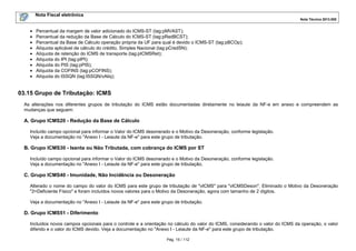 Nota Fiscal eletrônica
Nota Técnica 2013.005

•
•
•
•
•
•
•
•
•

Percentual da margem de valor adicionado do ICMS-ST (tag:pMVAST);
Percentual da redução da Base de Cálculo do ICMS-ST (tag:pRedBCST);
Percentual da Base de Cálculo operação própria da UF para qual é devido o ICMS-ST (tag:pBCOp);
Alíquota aplicável de cálculo do crédito, Simples Nacional (tag:pCredSN);
Alíquota de retenção do ICMS de transporte (tag:pICMSRet);
Alíquota do IPI (tag:pIPI);
Alíquota do PIS (tag:pPIS);
Alíquota da COFINS (tag:pCOFINS);
Alíquota do ISSQN (tag:ISSQN/vAliq);

03.15 Grupo de Tributação: ICMS
As alterações nos diferentes grupos de tributação do ICMS estão documentadas diretamente no leiaute da NF-e em anexo e compreendem as
mudanças que seguem:

A. Grupo ICMS20 - Redução da Base de Cálculo
Incluído campo opcional para informar o Valor do ICMS desonerado e o Motivo da Desoneração, conforme legislação.
Veja a documentação no "Anexo I - Leiaute da NF-e" para este grupo de tributação.

B. Grupo ICMS30 - Isenta ou Não Tributada, com cobrança do ICMS por ST
Incluído campo opcional para informar o Valor do ICMS desonerado e o Motivo da Desoneração, conforme legislação.
Veja a documentação no "Anexo I - Leiaute da NF-e" para este grupo de tributação.

C. Grupo ICMS40 - Imunidade, Não Incidência ou Desoneração
Alterado o nome do campo do valor do ICMS para este grupo de tributação de "vICMS" para "vICMSDeson". Eliminado o Motivo da Desoneração
"2=Deficiente Físico" e foram incluídos novos valores para o Motivo da Desoneração, agora com tamanho de 2 dígitos.
Veja a documentação no "Anexo I - Leiaute da NF-e" para este grupo de tributação.

D. Grupo ICMS51 - Diferimento
Incluídos novos campos opcionais para o controle e a orientação no cálculo do valor do ICMS, considerando o valor do ICMS da operação, o valor
diferido e o valor do ICMS devido. Veja a documentação no "Anexo I - Leiaute da NF-e" para este grupo de tributação.
Pág. 15 / 112

 
