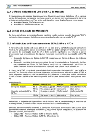 Nota Fiscal eletrônica
Nota Técnica 2013.005

02.4 Consulta Resultado do Lote (item 4.2 do Manual)
O novo processo de resposta do processamento Síncrono / Assíncrono do Lote da NF-e, na nova
versão do leiaute das mensagens, conviverá, durante um tempo, com o processamento da forma
anterior (somente assíncrono). Para tanto, será alterado o nome do Web Service, como segue:
• Novo Web Service: NfeRetAutorizacao;
• Novo Método: NfeRetAutorizacaoLote.

02.5 Versão do Leiaute das Mensagens
De forma semelhante a migração efetuada na última versão nacional (adoção da versão "2.00"),
os leiautes das mensagens de todos os serviços serão alterados para a versão "3.10".

02.6 Infraestrutura de Processamento na SEFAZ: NF-e e NFC-e
A nova versão do leiaute será usada para a NF-e e para a NFC-e (Nota Fiscal para Consumidor
Final) e, no futuro, estima-se que a quantidade de NFC-e poderá atingir um volume bem superior
ao volume de autorização atual de NF-e. Este aumento significativo nos volumes a serem
processados leva a necessidade de algumas mudanças no ambiente de autorização na SEFAZ
com:
• Separação do Banco de Dados da SEFAZ e separação do Banco de Dados do Ambiente
Nacional;
• Separação completa da infraestrutura atual dos serviços vinculados a Autorização de Uso,
compreendendo servidores de Web Service, servidores de processamento, servidores de
banco de dados, área de armazenamento (storage), rede interna, canal Internet, etc.
A critério da SEFAZ, poderão vir a ser disponibilizados domínios diferentes (URL) para a NF-e e
para NFC-e. Para não afetar de forma importante os investimentos efetuados pelas SEFAZ e
pelas empresas, mesmo no caso de domínios (URL) diferentes, a intenção é manter os mesmos
nomes dos Web Service e dos Métodos para os dois modelos de documento fiscal (NF-e e NFCe).
Exemplificando:
Serviço
Recepção de Lote

Modelo Domínio (URL)

Serviço
NF-e
nfe.sefaz.xx.gov.br NfeAutorizacao
NFC-e nfce.sefaz.xx.gov.br idem acima
Consulta a situação NF-e / NF-e
nfe.sefaz.xx.gov.br NfeConsulta2
NFC-e
NFC-e nfce.sefaz.xx.gov.br idem acima
...

Método
NfeAutorizacaoLote
idem acima
nfeConsultaNF2
idem acima

Neste caso, a empresa que opere com a NF-e e com a NFC-e, deverá conseguir direcionar as
suas requisições, conforme o Web Service e modelo de documento desejado.
Em caso de direcionamento incorreto, o Serviço de Autorização específico da SEFAZ que optar
por manter diferentes endereços de domínio (URL) poderá rejeitar a requisição, de qualquer um
dos Web Services, com os erros:
• Código: 450 - Rejeição: Modelo da NF-e diferente de 55;
• Código: 775 - Rejeição: Modelo da NFC-e diferente de 65.

Pág. 6 / 112

 