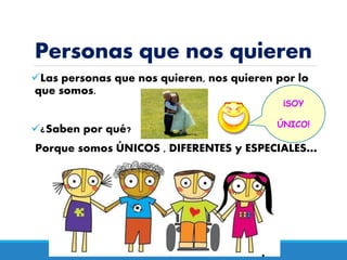 Personas que nos quieren
Las personas que nos quieren, nos quieren por lo
que somos.
¿Saben por qué?
Porque somos ÚNICOS , DIFERENTES y ESPECIALES…
…y también ellos lo son…
¡SOY
ÚNICO!
 