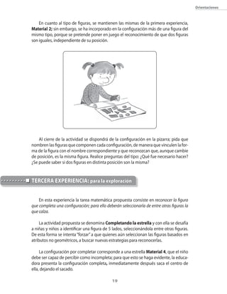 19
Orientaciones
En cuanto al tipo de figuras, se mantienen las mismas de la primera experiencia,
Material 2; sin embargo, se ha incorporado en la configuración más de una figura del
mismo tipo, porque se pretende poner en juego el reconocimiento de que dos figuras
son iguales, independiente de su posición.
Al cierre de la actividad se dispondrá de la configuración en la pizarra; pida que
nombren las figuras que componen cada configuración, de manera que vinculen la for-
ma de la figura con el nombre correspondiente y que reconozcan que, aunque cambie
de posición, es la misma figura. Realice preguntas del tipo: ¿Qué fue necesario hacer?
¿Se puede saber si dos figuras en distinta posición son la misma?
En esta experiencia la tarea matemática propuesta consiste en reconocer la figura
que completa una configuración; para ello deberán seleccionarla de entre otras figuras la
que calza.
La actividad propuesta se denomina Completando la estrella y con ella se desafía
a niñas y niños a identificar una figura de 5 lados, seleccionándola entre otras figuras.
De esta forma se intenta “forzar” a que quienes aún seleccionan las figuras basados en
atributos no geométricos, a buscar nuevas estrategias para reconocerlas.
La configuración por completar corresponde a una estrella Material 4, que el niño
debe ser capaz de percibir como incompleta; para que esto se haga evidente, la educa-
dora presenta la configuración completa, inmediatamente después saca el centro de
ella, dejando el sacado.
TERCERA EXPERIENCIA: para la exploración
 