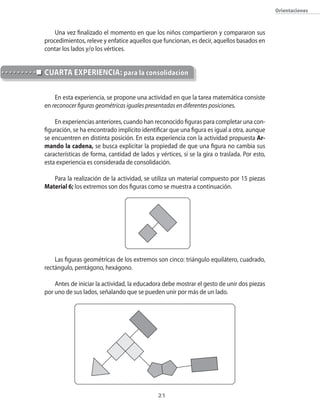 21
Orientaciones
Una vez finalizado el momento en que los niños compartieron y compararon sus
procedimientos, releve y enfatice aquellos que funcionan, es decir, aquellos basados en
contar los lados y/o los vértices.
En esta experiencia, se propone una actividad en que la tarea matemática consiste
en reconocer figuras geométricas iguales presentadas en diferentes posiciones.
En experiencias anteriores, cuando han reconocido figuras para completar una con-
figuración, se ha encontrado implícito identificar que una figura es igual a otra, aunque
se encuentren en distinta posición. En esta experiencia con la actividad propuesta Ar-
mando la cadena, se busca explicitar la propiedad de que una figura no cambia sus
características de forma, cantidad de lados y vértices, si se la gira o traslada. Por esto,
esta experiencia es considerada de consolidación.
Para la realización de la actividad, se utiliza un material compuesto por 15 piezas
Material 6; los extremos son dos figuras como se muestra a continuación.
Las figuras geométricas de los extremos son cinco: triángulo equilátero, cuadrado,
rectángulo, pentágono, hexágono.
Antes de iniciar la actividad, la educadora debe mostrar el gesto de unir dos piezas
por uno de sus lados, señalando que se pueden unir por más de un lado.
CUARTA EXPERIENCIA: para la consolidación
 
