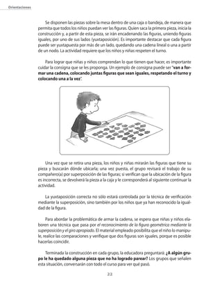 22
Orientaciones
Se disponen las piezas sobre la mesa dentro de una caja o bandeja, de manera que
permita que todos los niños puedan ver las figuras. Quien saca la primera pieza, inicia la
construcción y, a partir de esta pieza, se irán encadenando las figuras, uniendo figuras
iguales, por uno de sus lados (yuxtaposición). Es importante destacar que cada figura
puede ser yuxtapuesta por más de un lado, quedando una cadena lineal o una a partir
de un nodo. La actividad requiere que los niños y niñas respeten el turno.
Para lograr que niñas y niños comprendan lo que tienen que hacer, es importante
cuidar la consigna que se les proponga. Un ejemplo de consigna puede ser“van a for-
mar una cadena, colocando juntas figuras que sean iguales, respetando el turno y
colocando una a la vez”.
Una vez que se retira una pieza, los niños y niñas mirarán las figuras que tiene su
pieza y buscarán dónde ubicarla; una vez puesta, el grupo revisará el trabajo de su
compañero(a) por superposición de las figuras; si verifican que la ubicación de la figura
es incorrecta, se devolverá la pieza a la caja y le corresponderá al siguiente continuar la
actividad.
La yuxtaposición correcta no sólo estará controlada por la técnica de verificación
mediante la superposición, sino también por los niños que ya han reconocido la igual-
dad de la figura.
Para abordar la problemática de armar la cadena, se espera que niñas y niños ela-
boren una técnica que pasa por el reconocimiento de la figura geométrica mediante la
superposición y el giro apropiado. El material empleado posibilita que el niño lo manipu-
le, realice las comparaciones y verifique que dos figuras son iguales, porque es posible
hacerlas coincidir.
Terminada la construcción en cada grupo, la educadora preguntará: ¿A algún gru-
po le ha quedado alguna pieza que no ha logrado parear? Los grupos que señalen
esta situación, conversarán con todo el curso para ver qué pasó.
 