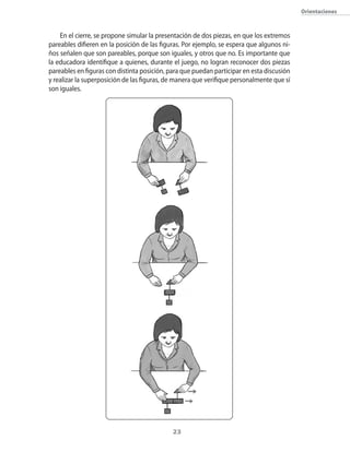 23
Orientaciones
En el cierre, se propone simular la presentación de dos piezas, en que los extremos
pareables difieren en la posición de las figuras. Por ejemplo, se espera que algunos ni-
ños señalen que son pareables, porque son iguales, y otros que no. Es importante que
la educadora identifique a quienes, durante el juego, no logran reconocer dos piezas
pareables en figuras con distinta posición, para que puedan participar en esta discusión
y realizar la superposición de las figuras, de manera que verifique personalmente que sí
son iguales.
 