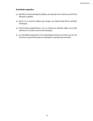 27
Orientaciones
Actividades sugeridas:
	 Identificar la forma de algunos objetos, por ejemplo: en la colación, por la forma
del plato, la galleta.
	 Buscar en su entorno objetos que tengan una determinada forma, ejemplo:
rectángulo.
	 Formar figuras grupalmente o con su cuerpo, por ejemplo: hagan una ronda,
siéntense en el suelo en forma de rectángulo.
	 Las actividades propuestas en los aprendizajes previos que tienen que ver con
el contar son pertinentes para ser realizadas en períodos permanentes.
 