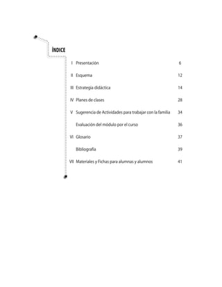 Índice
	 I	 Presentación	 6
	 II	 Esquema	 12
	 III	 Estrategia didáctica	 14
	 IV	 Planes de clases	 28
	
	 V	 Sugerencia de Actividades para trabajar con la familia	 34
		 Evaluación del módulo por el curso	 36
	 VI	 Glosario 	 37
		
		 Bibliografía	 39
	VII	 Materiales y Fichas para alumnas y alumnos	 41
 