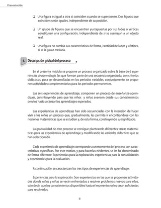Presentación
	 Una figura es igual a otra si coinciden cuando se superponen. Dos figuras que
coinciden serán iguales, independiente de su posición.
	 Un grupo de figuras que se encuentran yuxtapuestas por sus lados o vértices
constituyen una configuración, independiente de si se asemejan a un objeto
real.
	 Una figura no cambia sus características de forma, cantidad de lados y vértices,
si se la gira o traslada.
Descripción global del proceso
En el presente módulo se propone un proceso organizado sobre la base de 6 expe-
riencias de aprendizaje, las que forman parte de una secuencia organizada, con criterios
didácticos, para ser desarrolladas en los períodos variables; conjuntamente, se propo-
nen actividades complementarias para los períodos permanentes.
Las seis experiencias de aprendizaje, componen un proceso de enseñanza-apren-
dizaje, contribuyendo para que los niños y niñas avancen desde sus conocimientos
previos hasta alcanzar los aprendizajes esperados.
Las experiencias de aprendizaje han sido secuenciadas con la intención de hacer
vivir a los niños un proceso que, gradualmente, les permita ir encontrándose con las
nociones matemáticas que se estudian y, de esta forma, construyendo su significado.
La gradualidad de este proceso se consigue planteando diferentes tareas matemá-
ticas para las experiencias de aprendizaje y modificando las variables didácticas que se
han seleccionado.
Cada experiencia de aprendizaje corresponde a un momento del proceso con carac-
terísticas específicas. Por este motivo, y para hacerlas evidentes, se les ha denominado
de forma diferente: Experiencias para la exploración, experiencias para la consolidación
y experiencias para la evaluación.
A continuación se caracterizan los tres tipos de experiencias de aprendizaje:
Experiencias para la exploración: Son experiencias en las que se proponen activida-
des donde niños y niñas se verán enfrentados a resolver problemas nuevos para ellos,
vale decir, que los conocimientos disponibles hasta el momento no les serán suficientes
para resolverlos.
5.
 
