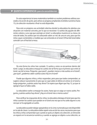 Orientaciones



quinTA eXpeRienciA: para la consolidación

    En esta experiencia la tarea matemática también es resolver problemas aditivos aso-
ciados a la acción de quitar, pero ahora se progresa ampliando el ámbito numérico hasta
15 y la colección resultante o final no está disponible.

     Para esto se propone una actividad colectiva donde la educadora les plantea una
situación con material concreto, por lo que se necesitan 12 autitos de juguete de dife-
rentes colores y una caja que asemeje un túnel. La educadora muestra en su mesa a la
vista de todos, los autitos que irá colocando sobre un riel, de uno en uno, para que los
niños vayan contándolos a medida que van entrando en el túnel. El final del túnel debe
coincidir con el final de la mesa.




    De esta forma los niños han contado 12 autitos y estos se encuentran dentro del
túnel. Luego, la educadora empuja los autitos de tal forma que el primero que entró al
túnel, cae de la mesa. Pregunta: ¿que pasó?, ¿quedan menos o más autitos en el túnel?,
¿por qué?, ¿podemos saber cuántos autos hay en el túnel?

    Puede que algunos niños y niñas respondan, pero para que todos comprendan, se
sugiere colocar nuevamente el auto que se cayó sobre el último en entrar en el túnel y
luego preguntar ¿cuántos autos hay ahora? Se espera que digan que hay 12, ya que se
agregó el que se había caído.

   La educadora vuelve a empujar los autos, hasta que se caiga un nuevo autito. Pre-
gunta ¿cuántos autitos hay ahora? ¿Hay en el túnel más o menos autos?

    Para verificar las respuestas de los niños, la educadora destapa el túnel para que los
niños cuenten los autitos que quedan en el túnel una vez que se ha caído alguno o una
vez que se ha agregado un autito.

     La educadora puede trabajar apoyándose en la cinta numerada que está disponible
en la sala de clases. La educadora debe repetir esta acción las veces necesarias para que
los niños y niñas comprendan que cuando se quita un objeto a la colección, se retrocede
un espacio en la secuencia numérica y cuando se agrega un objeto a una colección, se

                                           31
 