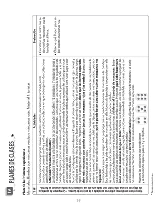 IV
                                                                                               pLAnes de cLAses
     Plan de la Primera experiencia
     Materiales: Bandeja con manzanas verdes y manzanas rojas. Material 1: tarjetas
               t M*                                                                                                                           actividades                                                            Evaluación
                                                                                               En esta experiencia se propone resolver problemas aditivos, asociados a la acción de juntar.               n   Cerciórese que todos los ni-
                                                                                               La educadora presenta a niños y niñas una actividad colectiva en que deben juntar dos colecciones              ños y niñas reconocen que la
                                                                                               cuantificando la cantidad de objetos.                                                                          bandeja está llena.
                                                                                               actividad: “Preparando el postre”.
                                                                                               La educadora muestra una bandeja de cartón donde solo caben 12 manzanas: 7 manzanas rojas y                n   Observe qué hacen para sa-
                                                                                               5 manzanas verdes que se encuentran desordenadas. Comenta que una señora le ha regalado esta
                                                                                               bandeja. Pregunta ¿caben más manzanas?, ¿está llena? Llama a un niño, le pasa una bolsa y le pide              ber cuántas manzanas hay.
                                                                                               que se lleve todas las manzanas rojas echándolas dentro de la bolsa y que estas las utilizará para hacer
                                                                                               un pastel; luego, pide a otro niño que se lleve las manzanas verdes, que utilizará para hacer jugo y que
                                                                                               las eche en otra bolsa.
                                                                                               Guarda la bandeja que estaba en la mesa. Pregunta al primer niño ¿cuántas manzanas rojas tienes? y
                                                                                               solicita que los demás niños le ayuden. Espera que responda y escribe el cardinal en la pizarra; luego,




3
                                                                                               repite la pregunta al segundo niño. Pregunta a uno de los niños: ahora que las hemos separado,
                                                                                               ¿hay más manzanas que cuando estaban juntas las manzanas rojas y las verdes? Espera que
                                                                                               responda uno de los niños.
                                                                                               Una vez que uno de los niños responde, les comenta que se acaba de dar cuenta de un problema: la
                                                                                               persona que regaló las manzanas me pidió que le dijera cuántas manzanas me ha regalado, pero no-
                                                                                               sotros ya hemos repartido las manzanas: ¿qué se puede hacer para saber cuántas manzanas nos
                                                                                               regalaron?
                                                                                               La educadora espera que algún niño proponga que se pueden devolver las manzanas a la bandeja.
                                                                                               Saca la bandeja y les pide que echen las manzanas en ella. Muestra la bandeja y luego ordena en ella
                                                                                               las manzanas por color dentro de manera que los niños puedan contarlas.
                                                                                               La educadora plantea una nueva actividad con tarjetas del Material 1 bandeja de manzanas. Entre-
                                                                                               ga a cada niño una tarjeta con manzanas adheridas en ambas caras. Pregunta ¿qué debo hacer para
                                                                                               saber cuántas manzanas tengo en total? Solicita que lo hagan: una vez que el niño ha pegado las
                                                                                               manzanas en una de las tarjetas, le pide que escriba el número de la cantidad de manzanas que se han
                                                                                               juntado en el recuadro que trae la tarjeta.
                                                                                               La educadora menciona al cierre de la actividad que al juntar las colecciones de manzanas se obtie-
                                                                                               ne una nueva colección que tiene más manzanas que las colecciones separadas.
                                                                                               Muestra las colecciones que se obtienen




        de objetos de una colección con cada una de las colecciones con las cuales se formó.
      • resuelven problemas aditivos asociado a la acción de juntar. • Comparan la cantidad
                                                                                               y la disposición espacial para 4, 5 y 6 objetos.

     * Tareas matemáticas.
 