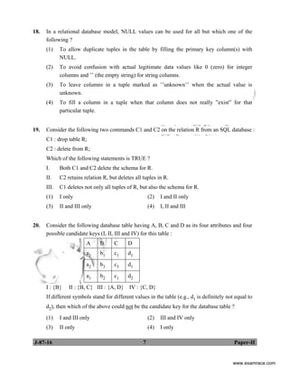 J-87-16 7 Paper-II
18. In a relational database model, NULL values can be used for all but which one of the
following ?
(1) To allow duplicate tuples in the table by filling the primary key column(s) with
NULL.
(2) To avoid confusion with actual legitimate data values like 0 (zero) for integer
columns and ’’ (the empty string) for string columns.
(3) To leave columns in a tuple marked as ’’unknown’’ when the actual value is
unknown.
(4) To fill a column in a tuple when that column does not really ”exist” for that
particular tuple.
19. Consider the following two commands C1 and C2 on the relation R from an SQL database :
C1 : drop table R;
C2 : delete from R;
Which of the following statements is TRUE ?
I. Both C1 and C2 delete the schema for R.
II. C2 retains relation R, but deletes all tuples in R.
III. C1 deletes not only all tuples of R, but also the schema for R.
(1) I only (2) I and II only
(3) II and III only (4) I, II and III
20. Consider the following database table having A, B, C and D as its four attributes and four
possible candidate keys (I, II, III and IV) for this table :
A B C D
a1 b1 c1 d1
a2 b3 c3 d1
a1 b2 c1 d2
I : {B} II : {B, C} III : {A, D} IV : {C, D}
If different symbols stand for different values in the table (e.g., d1 is definitely not equal to
d2), then which of the above could not be the candidate key for the database table ?
(1) I and III only (2) III and IV only
(3) II only (4) I only
www.examrace.com
 