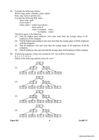 Paper-III 4 JA-087-17
11. Consider the following relation :
Works (emp_name, company_name, salary)
Here, emp name is primary key.
Consider the following SQL query
Select emp name
From works T
where salary > (select avg (salary)
from works S
where T.company name =
S.company name)
The above query is for following :
(1) Find the highest paid employee who earns more than the average salary of all
employees of his company.
(2) Find the highest paid employee who earns more than the average salary of all the employees
of all the companies.
(3) Find all employees who earn more than the average salary of all employees of all the
companies.
(4) Find all employees who earn more than the average salary of all employees of their company.
12. If following sequence of keys are inserted in a B+ tree with K(=3) pointers :
8, 5, 1, 7, 3, 12, 9, 6
Which of the following shall be correct B+ tree ?
(1)
(2)
(3)
(4)
www.examrace.com
 