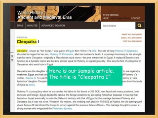 Here is our sample article.
The title is "Cleopatra I"
 