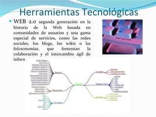 Herramientas Tecnológicas WEB 2.0  segunda generación en la historia de la Web basada en comunidades de usuarios y una gama especial de servicios, como las redes sociales, los blogs, los wikis o las folcsonomías, que fomentan la colaboración y el intercambio ágil de información entre los usuarios. 