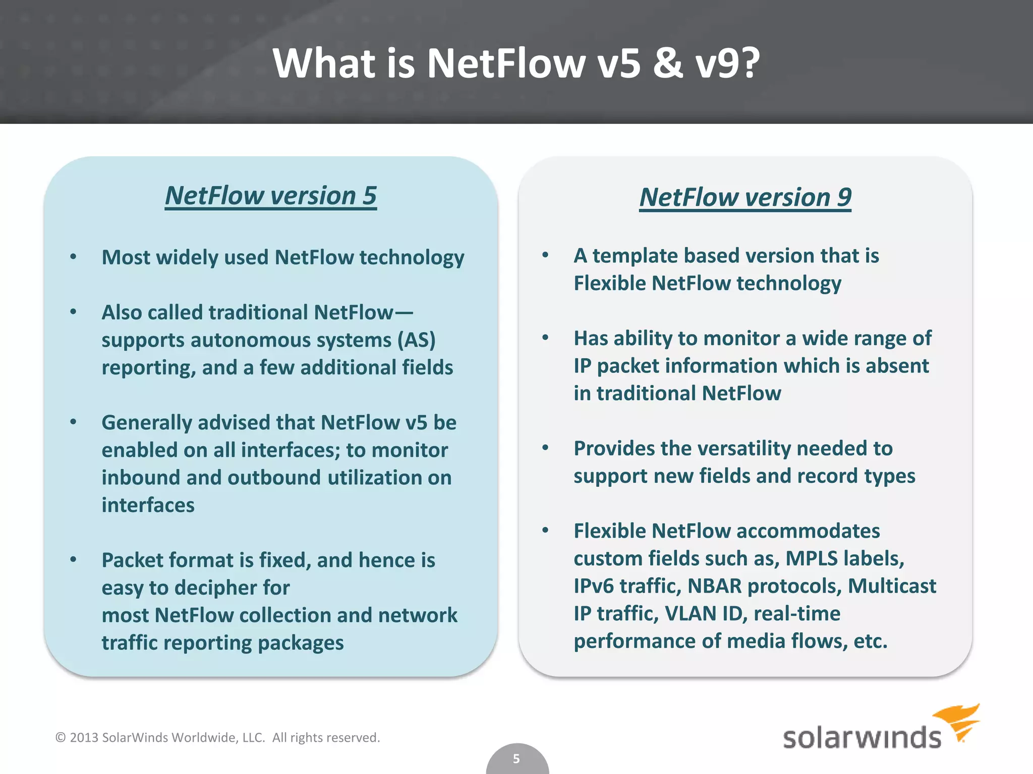 What is NetFlow v5 & v9?
NetFlow version 5

NetFlow version 9

•

Most widely used NetFlow technology

•

A template based version that is
Flexible NetFlow technology

•

Also called traditional NetFlow—
supports autonomous systems (AS)
reporting, and a few additional fields

•

Has ability to monitor a wide range of
IP packet information which is absent
in traditional NetFlow

•

Provides the versatility needed to
support new fields and record types

•

Flexible NetFlow accommodates
custom fields such as, MPLS labels,
IPv6 traffic, NBAR protocols, Multicast
IP traffic, VLAN ID, real-time
performance of media flows, etc.

•

•

Generally advised that NetFlow v5 be
enabled on all interfaces; to monitor
inbound and outbound utilization on
interfaces
Packet format is fixed, and hence is
easy to decipher for
most NetFlow collection and network
traffic reporting packages

© 2013 SolarWinds Worldwide, LLC. All rights reserved.
5

 