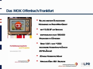 Das MOK Offenbach/Frankfurt

                  T des medienpä gogischen
                    eil          da
                   Net er im R M in- ebiet
                      zw kes hein- a G
                  seit15.0 a Sendung
                           5.97 uf
                  empfa rin r 550 0
                         ngba und .0 0
                   Ha len in Sü
                     ushat     dhessen
                  St nd 12/ r 4 0
                      a     11: und .3 0
                   r r t Nut (ha sä ich
                    egistiere zer upt chl
                     - 9- ä ige)
                   204 Jhr
                  20neue Nut pr M t
                            zer o ona
                     t l äen: 5% sche
                  Naionait t 8 Deut
 