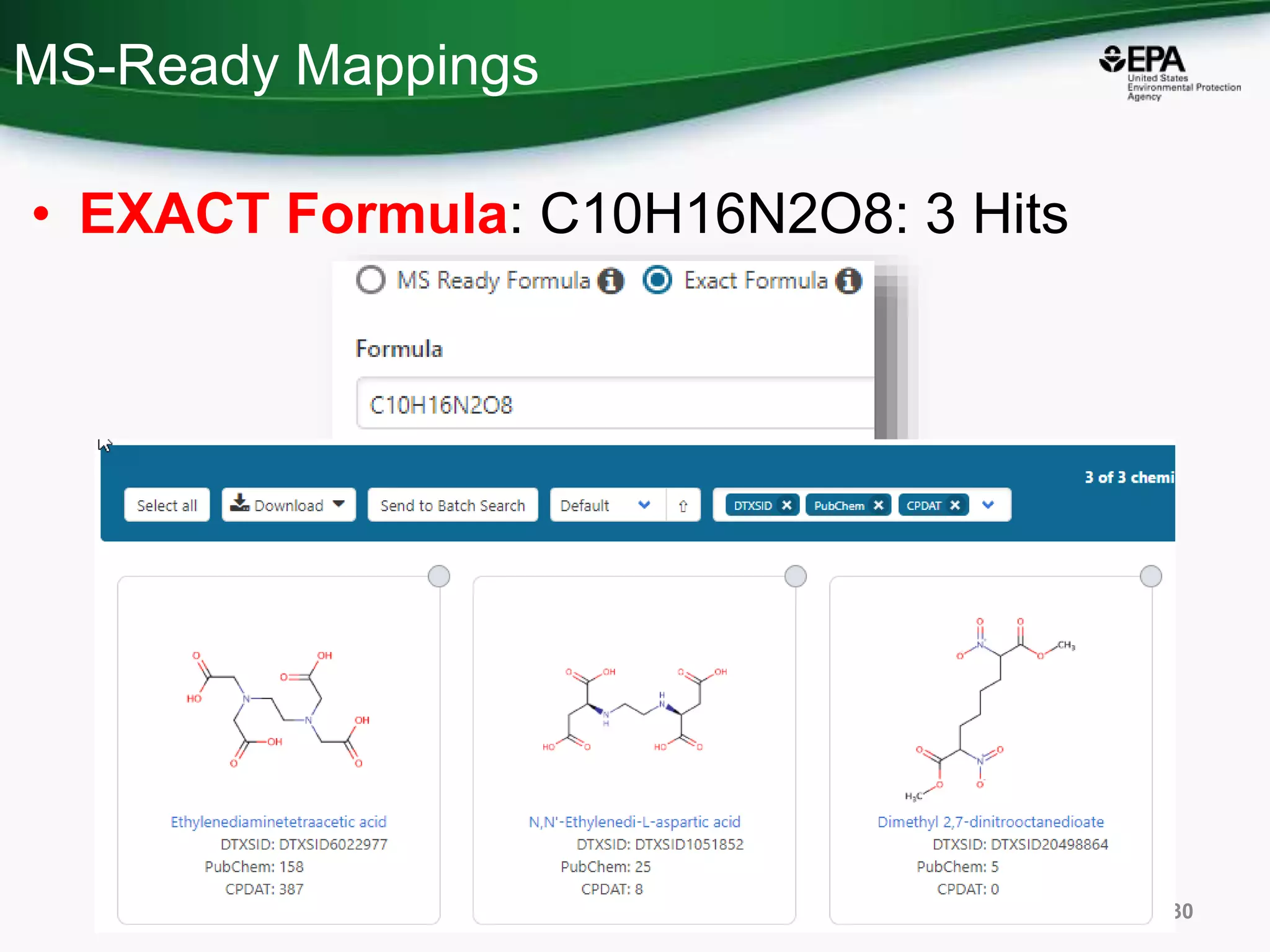 MS-Ready Mappings
• EXACT Formula: C10H16N2O8: 3 Hits
30
 