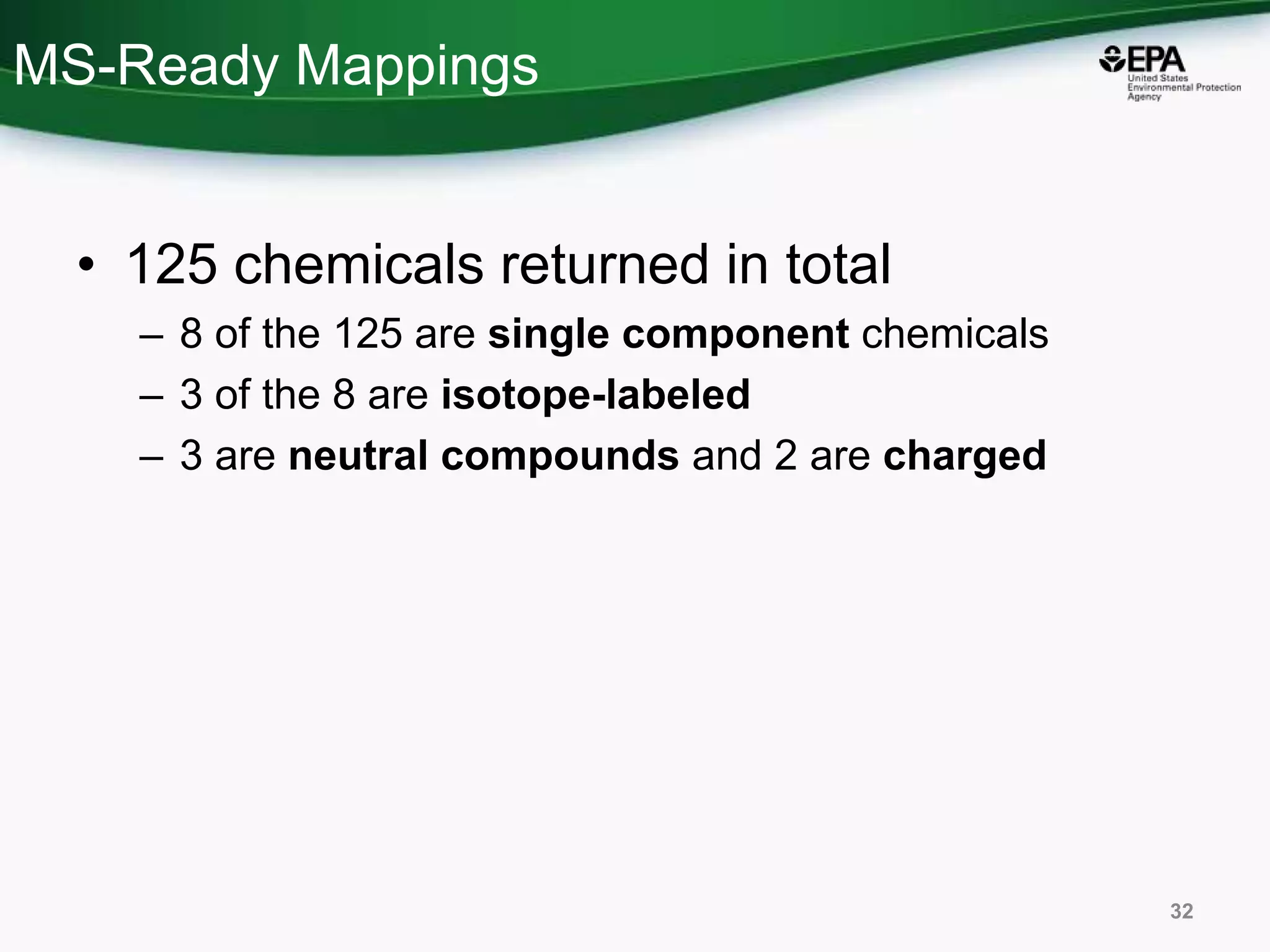 MS-Ready Mappings
• 125 chemicals returned in total
– 8 of the 125 are single component chemicals
– 3 of the 8 are isotope-labeled
– 3 are neutral compounds and 2 are charged
32
 