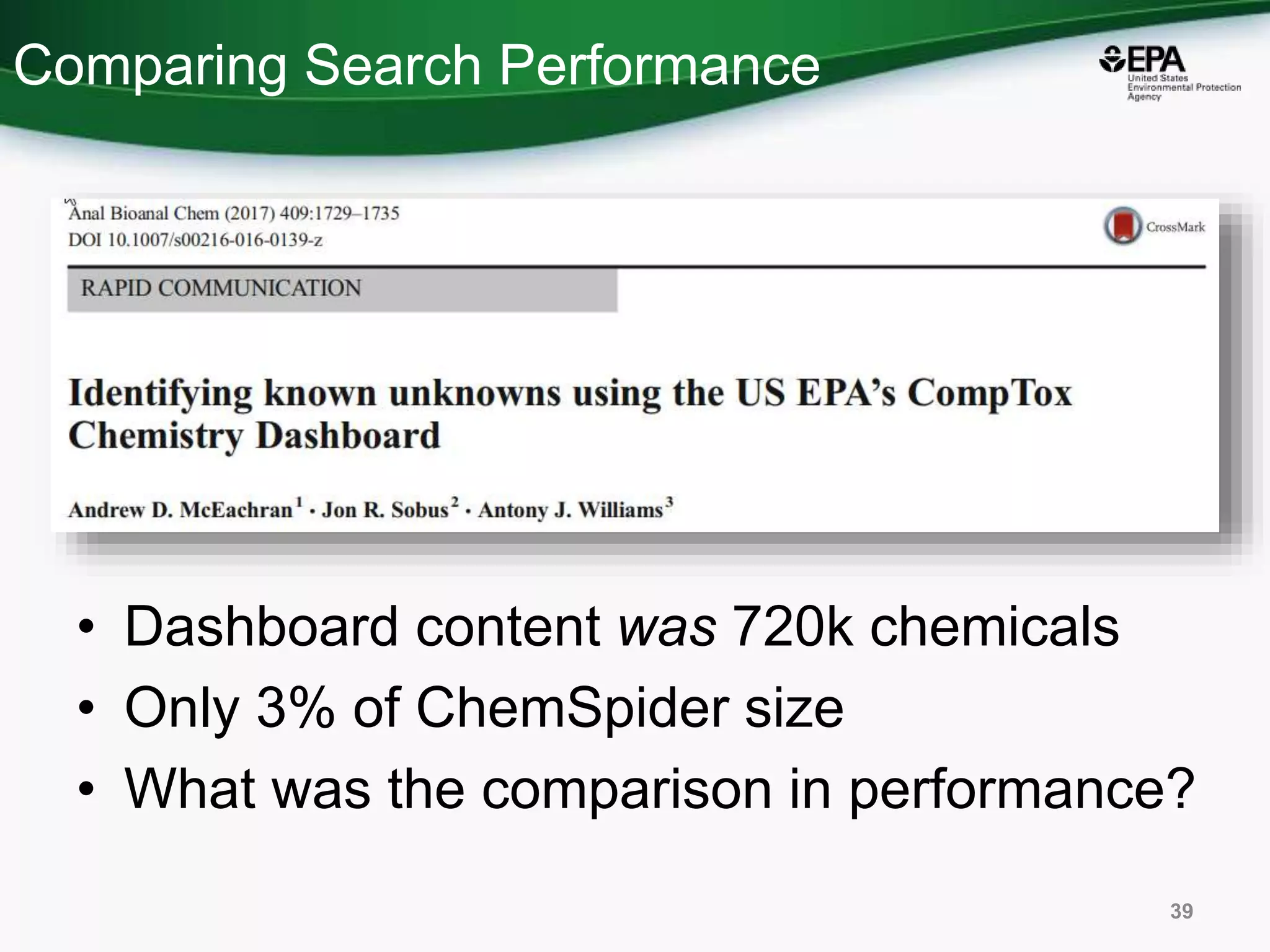 Comparing Search Performance
39
• Dashboard content was 720k chemicals
• Only 3% of ChemSpider size
• What was the comparison in performance?
 