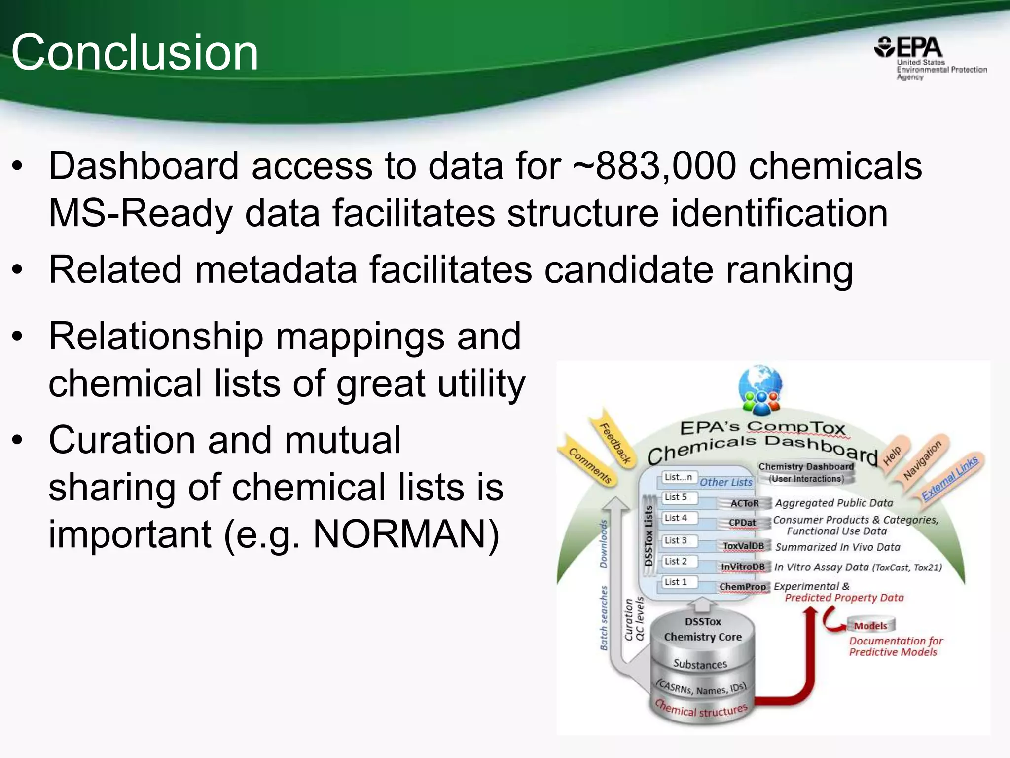 Conclusion
• Dashboard access to data for ~883,000 chemicals
MS-Ready data facilitates structure identification
• Related metadata facilitates candidate ranking
80
• Relationship mappings and
chemical lists of great utility
• Curation and mutual
sharing of chemical lists is
important (e.g. NORMAN)
 