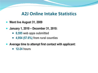 Went live August 31, 2009 January 1, 2010 – December 31, 2010:  8,595   web apps submitted  4,954 (57.6%)  from rural counties Average time to attempt first contact with applicant:  12-24   hours A2J Online Intake Statistics 
