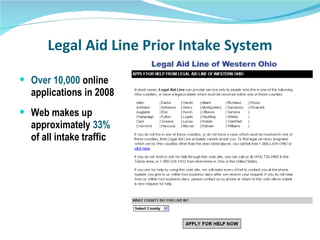 Over   10,000  online applications in 2008 Web makes up approximately  33%  of all intake traffic  Legal Aid Line Prior Intake System 