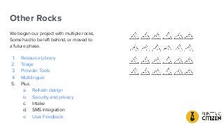 Other Rocks
We began our project with multiple rocks.
Some had to be left behind, or moved to
a future phase.
1. Resource Library
2. Triage
3. Provider Tools
4. Multilingual
5. Plus
a. Refresh design
b. Security and privacy
c. Intake
d. SMS integration
e. User Feedback
 