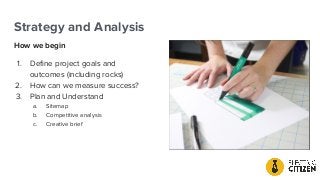 Strategy and Analysis
How we begin
1. Deﬁne project goals and
outcomes (including rocks)
2. How can we measure success?
3. Plan and Understand
a. Sitemap
b. Competitive analysis
c. Creative brief
 