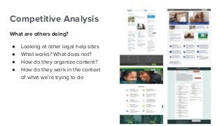 Competitive Analysis
What are others doing?
● Looking at other legal help sites
● What works? What does not?
● How do they organize content?
● How do they work in the context
of what we’re trying to do
 