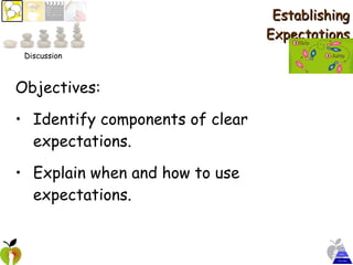 Establishing Expectations Objectives:  Identify components of clear expectations. Explain when and how to use expectations. Discussion 