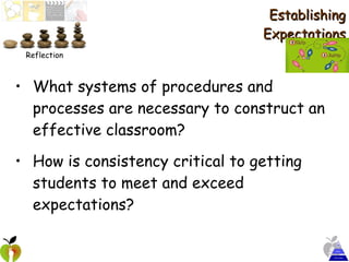 Establishing Expectations What systems of procedures and processes are necessary to construct an effective classroom? How is consistency critical to getting students to meet and exceed expectations? Reflection 