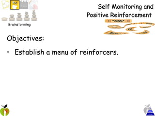 Self Monitoring and Positive Reinforcement  Objectives:  Establish a menu of reinforcers.  Brainstorming 
