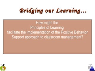 Bridging our Learning… How might the  Principles of Learning  facilitate the implementation of the Positive Behavior Support approach to classroom management? 