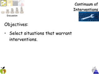 Continuum of Interventions Objectives:  Select situations that warrant interventions. Discussion 