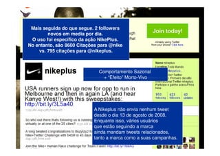 Mais seguida do que segue. 2 followers
        novos em media por dia.
 O uso foi específico da ação NikePlus.
No entanto, são 8600 Citações para @nike
    vs. 795 citações para @nikeplus.



                             Comportamento Sazonal
                               + “Efeito” Morto-Vivo




                           A Nikeplus não envia nenhum tweet
                           desde o dia 13 de agosto de 2008.
                           Enquanto isso, vários usuários
                           que estão seguindo a marca
                           ainda mandam tweets relacionados,
                           tanto a marca como a suas campanhas.
 