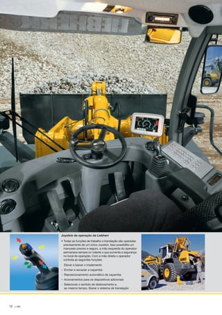 –	
–	
–	
–	
–	
10 L 580
Joystick de operação da Liebherr
• Todas as funções de trabalho e translação são operadas
precisamente de um único Joystick. Isso possibilita um
manuseio preciso e seguro, a mão esquerda do operador
permanece sempre no volante o que aumenta a segurança
no local de operação. Com a mão direita o operador
controla as seguintes funções:
	 Elevar e baixar o implemento
	 Encher e esvaziar a caçamba
	 Reposicionamento automático da caçamba
	 Acionamentos para os dispositivos adicionais
	 Selecionar o sentido de deslocamento e,
	 ao mesmo tempo, liberar o sistema de translação
NTB_L580_Brazil_B.indd 10 28.04.11 10:43
 