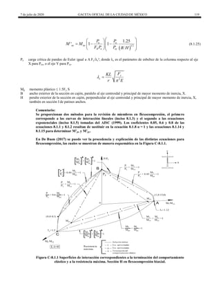 7 de julio de 2020 GACETA OFICIAL DE LA CIUDAD DE MÉXICO 119
(8.1.25)
 
1 2
1.25
' 1 1
u u
ny ny
R n ey
P P
M M
F P P B H
 
 
 
  
  
  
(8.1.25)
Pe carga crítica de pandeo de Euler igual a A Fy/λc², donde λc es el parámetro de esbeltez de la columna respecto al eje
X para Pex, o el eje Y para Pey.
2
y
c
F
KL
r E



Mp momento plástico ≤ 1.5Fy S
B ancho exterior de la sección en cajón, paralelo al eje centroidal y principal de mayor momento de inercia, X.
H peralte exterior de la sección en cajón, perpendicular al eje centroidal y principal de mayor momento de inercia, X,
también en sección I de patines anchos.
Comentario:
Se proporcionan dos métodos para la revisión de miembros en flexocompresión, el primero
corresponde a las curvas de interacción lineales (inciso 8.1.3) y el segundo a las ecuaciones
exponenciales (inciso 8.1.5) tomadas del AISC (1999). Los coeficientes 0.85, 0.6 y 0.8 de las
ecuaciones 8.1.1 y 8.1.2 resultan de sustituir en la ecuación 8.1.8 α = 1 y las ecuaciones 8.1.14 y
8.1.15 para determinar M’px y M’py.
En De Buen (2017) se puede ver la procedencia y explicación de las distintas ecuaciones para
flexocompresión, las cuales se muestran de manera esquemática en la Figura C-8.1.1.
=1
=1
Mpy
Mpy
Mpx Mpy
=1
Y
Mpx
B
Ecs. aproximadas
+
+
+
Terminación del
comportamiento elástico
Mx My
Mx
+
X
My
+
Ecs. aproximadas
f y=1.5
+
My/Myy
+
Solución teórica
P/Py
+
fx=1.12
+
Resistencia
máxima
L/t=0
(0,0.4,1)
(1,0.15,0)
+
+
+
+
+
+
+
+
Py
Myy
+ Mx/Myx
+
C
0 A
Myx
Py
My
2
P
=1
=1
+ 0.84
Mpy
My
Mpy
My
Py
P
Py
P
=1
+
Myy
+ 0.6
My
Py
P
=1
Mpx
+
Mx
=1
+
Myx
Mx
Myy
My
Py
P
Myx
Mx
=1
+ 0.85
Mpx
Mx
Figura C-8.1.1 Superficies de interacción correspondientes a la terminación del comportamiento
elástico y a la resistencia máxima. Sección H en flexocompresión biaxial.
 