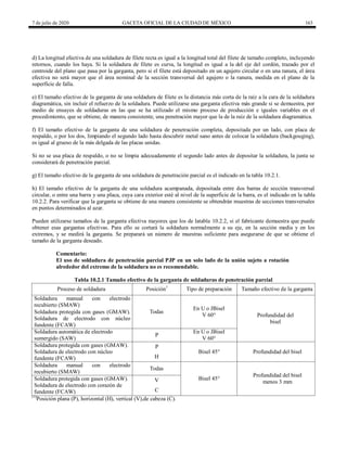 7 de julio de 2020 GACETA OFICIAL DE LA CIUDAD DE MÉXICO 163
d) La longitud efectiva de una soldadura de filete recta es igual a la longitud total del filete de tamaño completo, incluyendo
retornos, cuando los haya. Si la soldadura de filete es curva, la longitud es igual a la del eje del cordón, trazado por el
centroide del plano que pasa por la garganta, pero si el filete está depositado en un agujero circular o en una ranura, el área
efectiva no será mayor que el área nominal de la sección transversal del agujero o la ranura, medida en el plano de la
superficie de falla.
e) El tamaño efectivo de la garganta de una soldadura de filete es la distancia más corta de la raíz a la cara de la soldadura
diagramática, sin incluir el refuerzo de la soldadura. Puede utilizarse una garganta efectiva más grande si se demuestra, por
medio de ensayes de soldaduras en las que se ha utilizado el mismo proceso de producción e iguales variables en el
procedimiento, que se obtiene, de manera consistente, una penetración mayor que la de la raíz de la soldadura diagramática.
f) El tamaño efectivo de la garganta de una soldadura de penetración completa, depositada por un lado, con placa de
respaldo, o por los dos, limpiando el segundo lado hasta descubrir metal sano antes de colocar la soldadura (backgouging),
es igual al grueso de la más delgada de las placas unidas.
Si no se usa placa de respaldo, o no se limpia adecuadamente el segundo lado antes de depositar la soldadura, la junta se
considerará de penetración parcial.
g) El tamaño efectivo de la garganta de una soldadura de penetración parcial es el indicado en la tabla 10.2.1.
h) El tamaño efectivo de la garganta de una soldadura acampanada, depositada entre dos barras de sección transversal
circular, o entre una barra y una placa, cuya cara exterior esté al nivel de la superficie de la barra, es el indicado en la tabla
10.2.2. Para verificar que la garganta se obtiene de una manera consistente se obtendrán muestras de secciones transversales
en puntos determinados al azar.
Pueden utilizarse tamaños de la garganta efectiva mayores que los de latabla 10.2.2, si el fabricante demuestra que puede
obtener esas gargantas efectivas. Para ello se cortará la soldadura normalmente a su eje, en la sección media y en los
extremos, y se medirá la garganta. Se preparará un número de muestras suficiente para asegurarse de que se obtiene el
tamaño de la garganta deseado.
Comentario:
El uso de soldadura de penetración parcial PJP en un solo lado de la unión sujeto a rotación
alrededor del extremo de la soldadura no es recomendable.
Tabla 10.2.1 Tamaño efectivo de la garganta de soldaduras de penetración parcial
Proceso de soldadura Posición1
Tipo de preparación Tamaño efectivo de la garganta
Soldadura manual con electrodo
recubierto (SMAW)
Todas
En U o JBisel
V 60° Profundidad del
bisel
Soldadura protegida con gases (GMAW).
Soldadura de electrodo con núcleo
fundente (FCAW)
Soldadura automática de electrodo
sumergido (SAW)
P
En U o JBisel
V 60°
Soldadura protegida con gases (GMAW).
Soldadura de electrodo con núcleo
fundente (FCAW)
P
Bisel 45° Profundidad del bisel
H
Soldadura manual con electrodo
recubierto (SMAW)
Todas
Bisel 45°
Profundidad del bisel
menos 3 mm
Soldadura protegida con gases (GMAW).
Soldadura de electrodo con corazón de
fundente (FCAW)
V
C
(1)
Posición plana (P), horizontal (H), vertical (V),de cabeza (C).
 