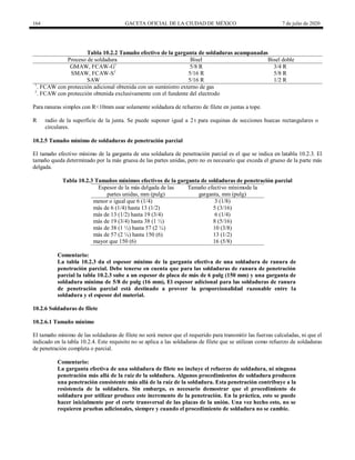 164 GACETA OFICIAL DE LA CIUDAD DE MÉXICO 7 de julio de 2020
Tabla 10.2.2 Tamaño efectivo de la garganta de soldaduras acampanadas
Proceso de soldadura Bisel Bisel doble
GMAW, FCAW-G1
5/8 R 3/4 R
SMAW, FCAW-S2
5/16 R 5/8 R
SAW 5/16 R 1/2 R
1
. FCAW con protección adicional obtenida con un suministro externo de gas
2
. FCAW con protección obtenida exclusivamente con el fundente del electrodo
Para ranuras simples con R<10mm usar solamente soldadura de refuerzo de filete en juntas a tope.
R radio de la superficie de la junta. Se puede suponer igual a 2 t para esquinas de secciones huecas rectangulares o
circulares.
10.2.5 Tamaño mínimo de soldaduras de penetración parcial
El tamaño efectivo mínimo de la garganta de una soldadura de penetración parcial es el que se indica en latabla 10.2.3. El
tamaño queda determinado por la más gruesa de las partes unidas, pero no es necesario que exceda el grueso de la parte más
delgada.
Tabla 10.2.3 Tamaños mínimos efectivos de la garganta de soldaduras de penetración parcial
Espesor de la más delgada de las
partes unidas, mm (pulg)
Tamaño efectivo mínimode la
garganta, mm (pulg)
menor o igual que 6 (1/4) 3 (1/8)
más de 6 (1/4) hasta 13 (1/2) 5 (3/16)
más de 13 (1/2) hasta 19 (3/4) 6 (1/4)
más de 19 (3/4) hasta 38 (1 ½) 8 (5/16)
más de 38 (1 ½) hasta 57 (2 ¼) 10 (3/8)
más de 57 (2 ¼) hasta 150 (6) 13 (1/2)
mayor que 150 (6) 16 (5/8)
Comentario:
La tabla 10.2.3 da el espesor mínimo de la garganta efectiva de una soldadura de ranura de
penetración parcial. Debe tenerse en cuenta que para las soldaduras de ranura de penetración
parcial la tabla 10.2.3 sube a un espesor de placa de más de 6 pulg (150 mm) y una garganta de
soldadura mínima de 5/8 de pulg (16 mm), El espesor adicional para las soldaduras de ranura
de penetración parcial está destinado a proveer la proporcionalidad razonable entre la
soldadura y el espesor del material.
10.2.6 Soldaduras de filete
10.2.6.1 Tamaño mínimo
El tamaño mínimo de las soldaduras de filete no será menor que el requerido para transmitir las fuerzas calculadas, ni que el
indicado en la tabla 10.2.4. Este requisito no se aplica a las soldaduras de filete que se utilizan como refuerzo de soldaduras
de penetración completa o parcial.
Comentario:
La garganta efectiva de una soldadura de filete no incluye el refuerzo de soldadura, ni ninguna
penetración más allá de la raíz de la soldadura. Algunos procedimientos de soldadura producen
una penetración consistente más allá de la raíz de la soldadura. Esta penetración contribuye a la
resistencia de la soldadura. Sin embargo, es necesario demostrar que el procedimiento de
soldadura por utilizar produce este incremento de la penetración. En la práctica, esto se puede
hacer inicialmente por el corte transversal de las placas de la unión. Una vez hecho esto, no se
requieren pruebas adicionales, siempre y cuando el procedimiento de soldadura no se cambie.
 