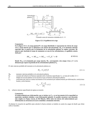 206 GACETA OFICIAL DE LA CIUDAD DE MÉXICO 7 de julio de 2020
Figura 12.1.1 Equilibrio de la viga
Comentario:
En la figura 12.1.1, la carga puntual P y la carga distribuida w representan los efectos de carga
viva y carga muerta que se adicionan a los efectos del mecanismo. Mpr es el momento máximo
esperado que se genera por la formación de la articulación plástica en ambos extremos. De
manera que, haciendo la suma de momentos en una de las articulaciones, el equilibrio estaría
dado por:
' 0
pr CM CV p
M M M V L
    (C-12.1.1)
Donde MCM es la demanda por carga muerta, MCV corresponde a las cargas vivas y L’ es la
distancia que separa la posición de las articulaciones plásticas Sh.
El valor máximo probable del momento en la articulación plástica es:
(12.1.1)
pr pr y y
M C R F Z
 (12.1.1)
Mpr momento máximo probable en la articulación plástica
Ry cociente del esfuerzo de fluencia esperado entre el mínimo especificado, Fy; se toma de la tabla 12.1.1
Z módulo de sección plástico en la sección en que se forma la articulación plástica
Cpr coeficiente que tiene en cuenta incrementos en la resistencia por endurecimiento por deformación, restricciones
locales y otros factores:
(12.1.2)
1.2
2
y u
pr
y
F F
C
F

  (12.1.2)
Fu esfuerzo mínimo especificado de ruptura en tensión
Comentario:
El endurecimiento por deformación, que se incluye en Cpr, es un incremento de la capacidad en
materiales metálicos debidos a una deformación plástica. Es posible encontrar una discusión
más amplia en (Tapia, García, & Del Rincón, 2016) sobre los efectos del endurecimiento por
deformación en estructuras de acero sometidas a demandas laterales.
Al plantear la ecuación de equilibrio para calcular la fuerza cortante se tendrán en cuenta las cargas de diseño que obran
sobre el miembro.
 