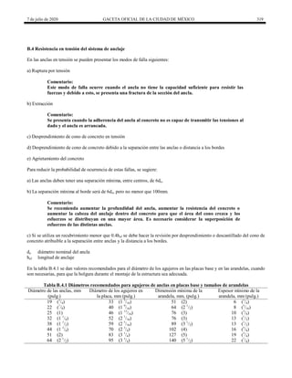 7 de julio de 2020 GACETA OFICIAL DE LA CIUDAD DE MÉXICO 319
B.4 Resistencia en tensión del sistema de anclaje
En las anclas en tensión se pueden presentar los modos de falla siguientes:
a) Ruptura por tensión
Comentario:
Este modo de falla ocurre cuando el ancla no tiene la capacidad suficiente para resistir las
fuerzas y debido a esto, se presenta una fractura de la sección del ancla.
b) Extracción
Comentario:
Se presenta cuando la adherencia del ancla al concreto no es capaz de transmitir las tensiones al
dado y el ancla es arrancada.
c) Desprendimiento de cono de concreto en tensión
d) Desprendimiento de cono de concreto debido a la separación entre las anclas o distancia a los bordes
e) Agrietamiento del concreto
Para reducir la probabilidad de ocurrencia de estas fallas, se sugiere:
a) Las anclas deben tener una separación mínima, entre centros, de 6do.
b) La separación mínima al borde será de 6do, pero no menor que 100mm.
Comentario:
Se recomienda aumentar la profundidad del ancla, aumentar la resistencia del concreto o
aumentar la cabeza del anclaje dentro del concreto para que el área del cono crezca y los
esfuerzos se distribuyan en una mayor área. Es necesario considerar la superposición de
esfuerzos de las distintas anclas.
c) Si se utiliza un recubrimiento menor que 0.4hef se debe hacer la revisión por desprendimiento o descantillado del cono de
concreto atribuible a la separación entre anclas y la distancia a los bordes.
do diámetro nominal del ancla
hef longitud de anclaje
En la tabla B.4.1 se dan valores recomendados para el diámetro de los agujeros en las placas base y en las arandelas, cuando
son necesarias, para que la holgura durante el montaje de la estructura sea adecuada.
Tabla B.4.1 Diámetros recomendados para agujeros de anclas en placas base y tamaños de arandelas
Diámetro de las anclas, mm
(pulg.)
Diámetro de los agujeros en
la placa, mm (pulg.)
Dimensión mínima de la
arandela, mm, (pulg.)
Espesor mínimo de la
arandela, mm (pulg.)
19 (3
/4) 33 (1 5
/16) 51 (2) 6 (1
/4)
22 (7
/8) 40 (1 9
/16) 64 (2 1
/2) 8 (5
/16)
25 (1) 46 (1 13
/16) 76 (3) 10 (3
/8)
32 (1 1
/4) 52 (2 1
/16) 76 (3) 13 (1
/2)
38 (1 1
/2) 59 (2 5
/16) 89 (3 1
/2) 13 (1
/2)
44 (1 3
/4) 70 (2 3
/4) 102 (4) 16 (5
/8)
51 (2) 83 (3 1
/4) 127 (5) 19 (3
/4)
64 (2 1
/2) 95 (3 3
/4) 140 (5 1
/2) 22 (7
/8)
 