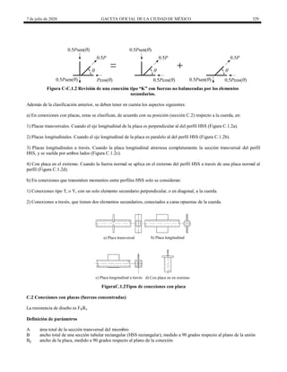 7 de julio de 2020 GACETA OFICIAL DE LA CIUDAD DE MÉXICO 329
Figura C-C.1.2 Revisión de una conexión tipo ―K‖ con fuerzas no balanceadas por los elementos
secundarios.
Además de la clasificación anterior, se deben tener en cuenta los aspectos siguientes:
a) En conexiones con placas, estas se clasifican, de acuerdo con su posición (sección C.2) respecto a la cuerda, en:
1) Placas transversales. Cuando el eje longitudinal de la placa es perpendicular al del perfil HSS (Figura C.1.2a).
2) Placas longitudinales. Cuando el eje longitudinal de la placa es paralelo al del perfil HSS (Figura C.1.2b).
3) Placas longitudinales a través. Cuando la placa longitudinal atraviesa completamente la sección transversal del perfil
HSS, y se suelda por ambos lados (Figura C.1.2c).
4) Con placa en el extremo. Cuando la fuerza normal se aplica en el extremo del perfil HSS a través de una placa normal al
perfil (Figura C.1.2d).
b) En conexiones que transmiten momentos entre perfiles HSS solo se consideran:
1) Conexiones tipo T, o Y, con un solo elemento secundario perpendicular, o en diagonal, a la cuerda.
2) Conexiones a través, que tienen dos elementos secundarios, conectados a caras opuestas de la cuerda.
FiguraC.1.2Tipos de conexiones con placa
C.2 Conexiones con placas (fuerzas concentradas)
La resistencia de diseño es FRRn
Definición de parámetros
A área total de la sección transversal del miembro
B ancho total de una sección tubular rectangular (HSS rectangular), medido a 90 grados respecto al plano de la unión
Bp ancho de la placa, medido a 90 grados respecto al plano de la conexión
 