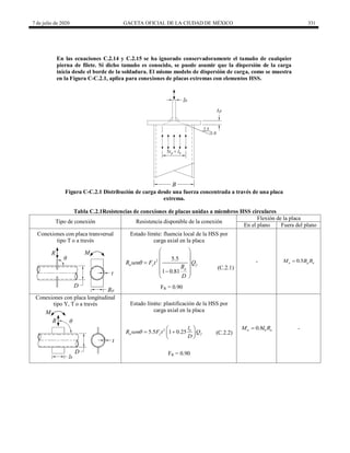 7 de julio de 2020 GACETA OFICIAL DE LA CIUDAD DE MÉXICO 331
En las ecuaciones C.2.14 y C.2.15 se ha ignorado conservadoramente el tamaño de cualquier
pierna de filete. Si dicho tamaño es conocido, se puede asumir que la dispersión de la carga
inicia desde el borde de la soldadura. El mismo modelo de dispersión de carga, como se muestra
en la Figura C-C.2.1, aplica para conexiones de placas extremas con elementos HSS.
Figura C-C.2.1 Distribución de carga desde una fuerza concentrada a través de una placa
extrema.
Tabla C.2.1Resistencias de conexiones de placas unidas a miembros HSS circulares
Tipo de conexión Resistencia disponible de la conexión
Flexión de la placa
En el plano Fuera del plano
Conexiones con placa transversal
tipo T o a través
Estado límite: fluencia local de la HSS por
carga axial en la placa
- 0.5
n p n
M B R

2 5.5
1 0.81
n y f
p
R sen F t Q
B
D

 
 
 

 

 
 
(C.2.1)
FR = 0.90
Conexiones con placa longitudinal
tipo Y, T o a través Estado límite: plastificación de la HSS por
carga axial en la placa
0.8
n b n
M l R
 -
2
5.5 1 0.25 b
n y f
l
R sen F t Q
D

 
 
 
 
(C.2.2)
FR = 0.90
 