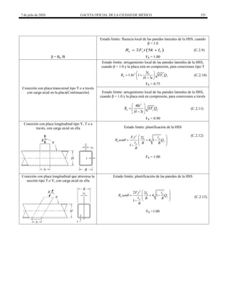 7 de julio de 2020 GACETA OFICIAL DE LA CIUDAD DE MÉXICO 333
Estado límite: fluencia local de las paredes laterales de la HSS, cuando
β = 1.0
 
2 5
n y b
R F t k l
  (C.2.9)
β = Bp /B FR = 1.00
Conexión con placa transversal tipo T o a través
con carga axial en la placa(Continuación)
Estado límite: arrugamiento local de las paredes laterales de la HSS,
cuando β = 1.0 y la placa está en compresión, para conexiones tipo T
2 3
1.6 1
3
b
n y f
l
R t EF Q
H t
 
 
 

 
(C.2.10)
FR = 0.75
Estado límite: arrugamiento local de las paredes laterales de la HSS,
cuando β = 1.0 y la placa está en compresión, para conexiones a través
3
48
3
n y f
t
R EF Q
H t
 
  

 
(C.2.11)
FR = 0.90
Conexión con placa longitudinal tipo Y, T o a
través, con carga axial en ella Estado límite: plastificación de la HSS
2
2
4 1
1
y p
b
n f
p
F t t
l
R sen Q
t B B
B

 
 
  
 
 

(C.2.12)
FR = 1.00
Conexión con placa longitudinal que atraviesa la
sección tipo T o Y, con carga axial en ella
Estado límite: plastificación de las paredes de la HSS
2
2 2
4 1
1
y p
b
n f
p
F t t
l
R sen Q
t B B
B

 
 
  
 
 

(C.2.13)
FR =1.00
 
